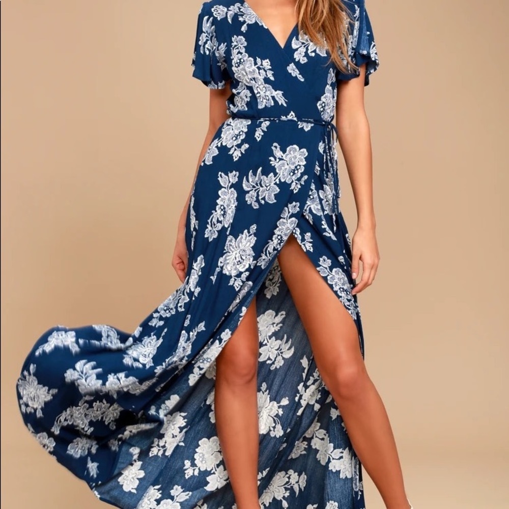 Lulu’s x Heart of Marigold Navy Blue & White Floral Print Wrap Maxi Dress